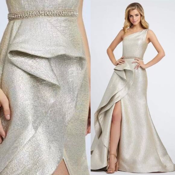 Mac Duggal One Shoulder Metallic Ruffled Evening Gown Oyster Size 4 NWT 66975 - Picture 1 of 9